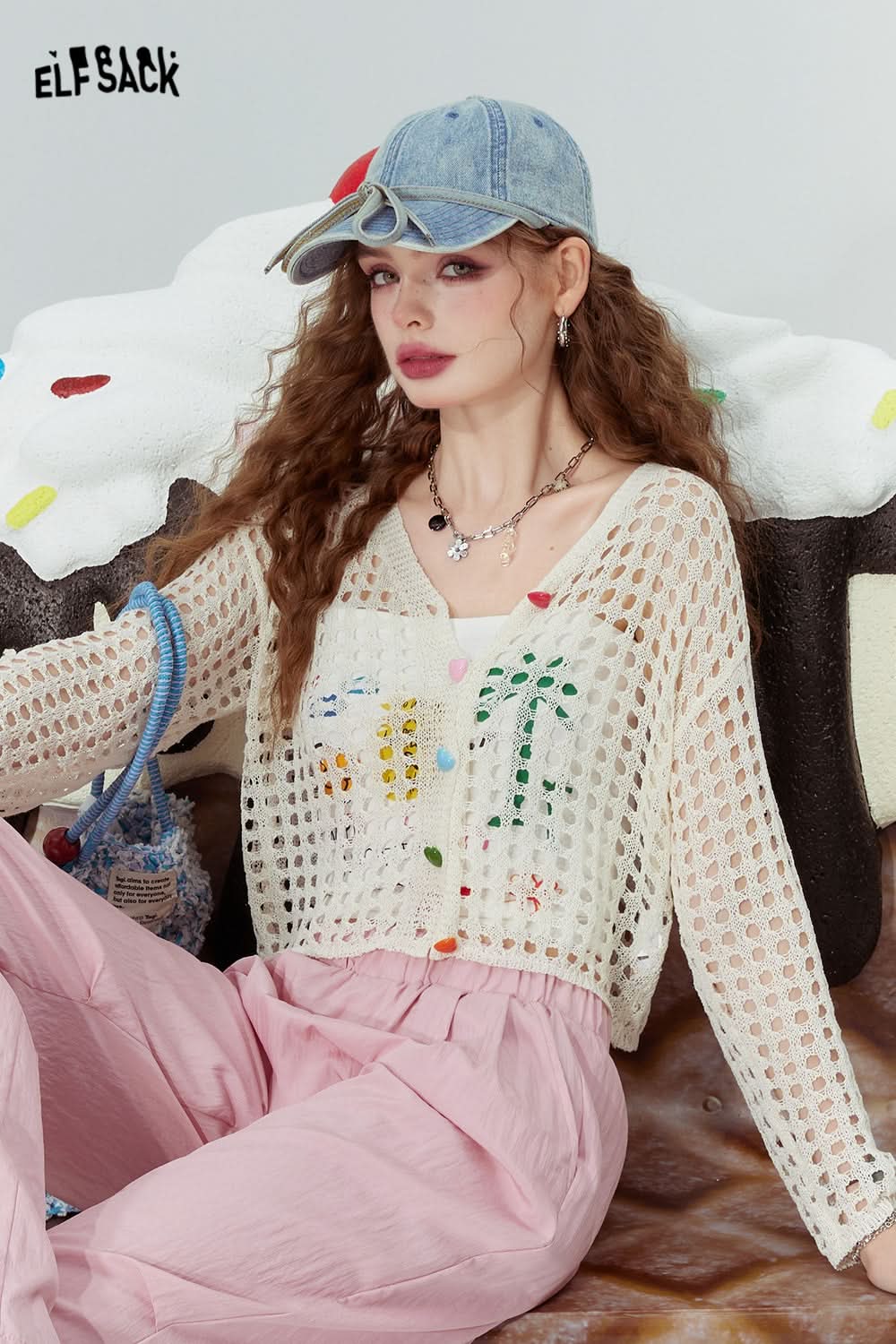 ELFSACK Hollow design fashion loose outer wear dopamine knitted sweater thin cardigan women