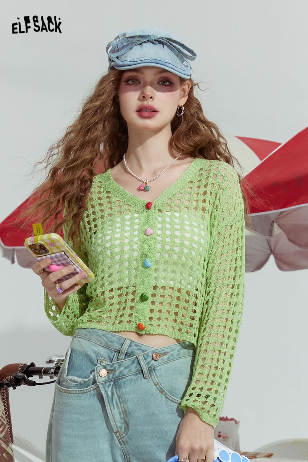 ELFSACK Hollow design fashion loose outer wear dopamine knitted sweater thin cardigan women