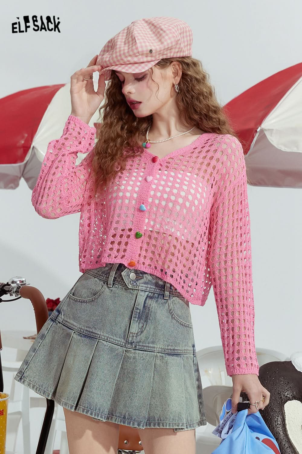 ELFSACK Hollow design fashion loose outer wear dopamine knitted sweater thin cardigan women