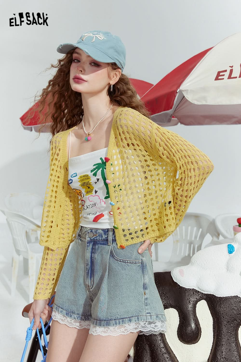 ELFSACK Hollow design fashion loose outer wear dopamine knitted sweater thin cardigan women