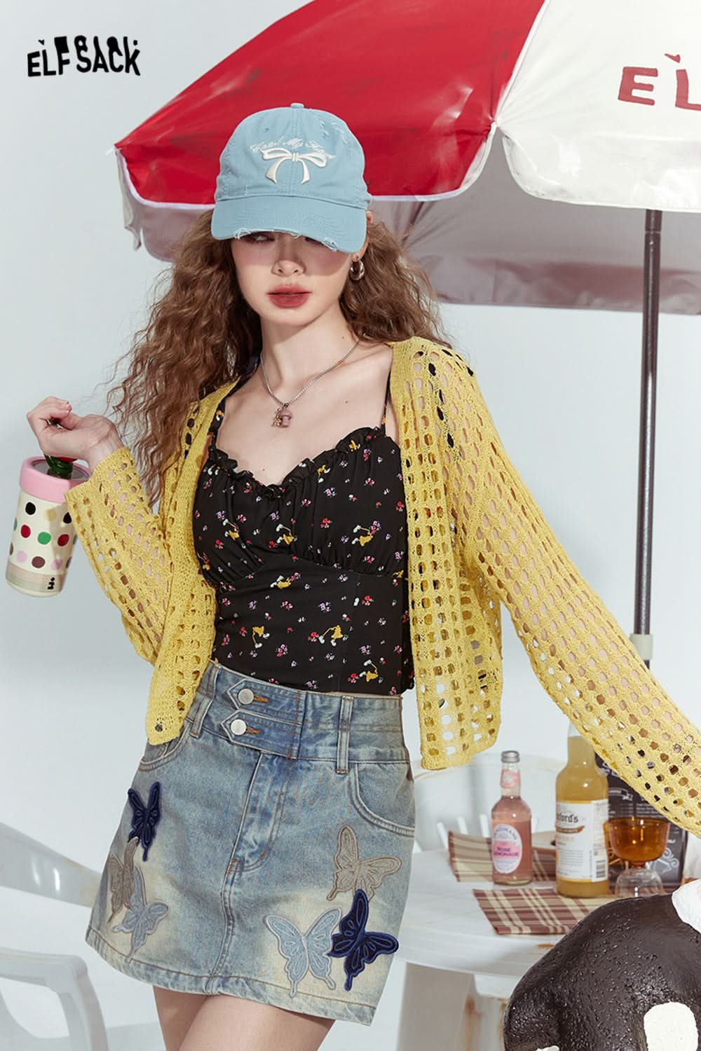 ELFSACK Hollow design fashion loose outer wear dopamine knitted sweater thin cardigan women