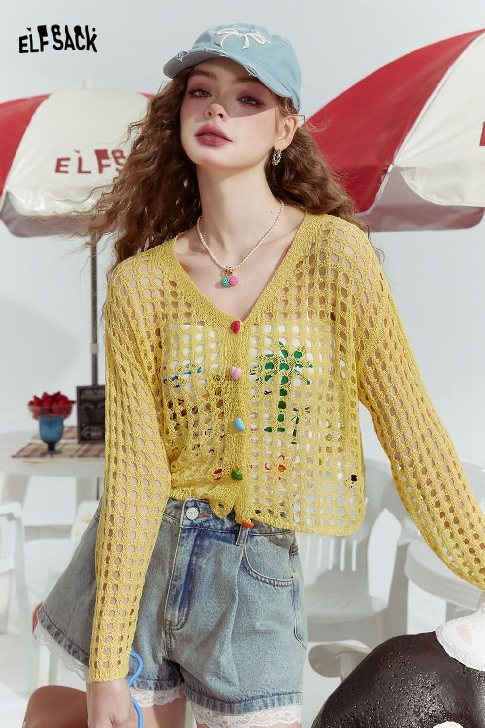 ELFSACK Hollow design fashion loose outer wear dopamine knitted sweater thin cardigan women