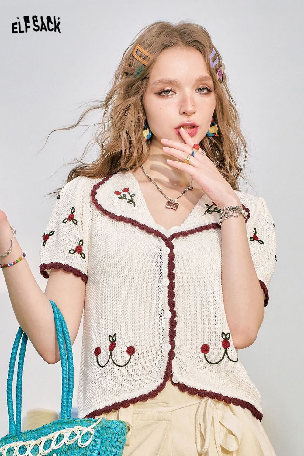 ELFSACK Ice Silk Breathable Knitwear Women's Sweet Temperament Short sleeved Top