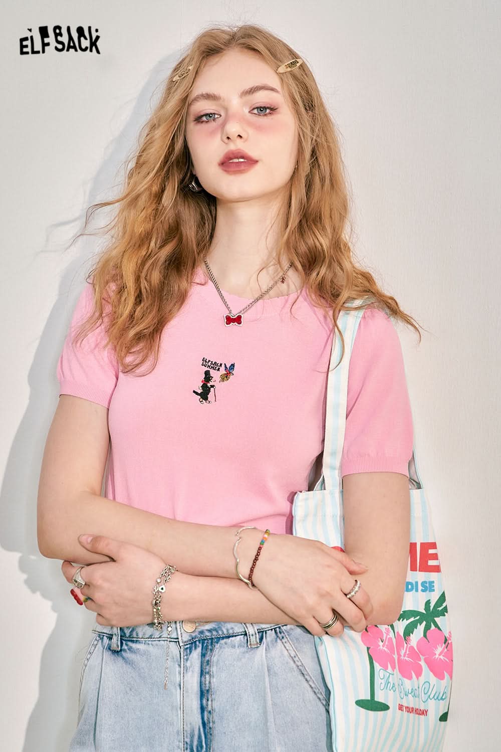 ELFSACK Bubble Sleeve Short sleeved Knitted Shirt Women's Slim Fit Breathable Versatile Top