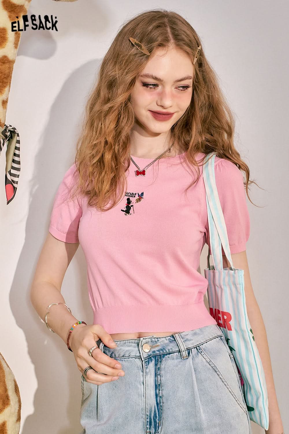ELFSACK Bubble Sleeve Short sleeved Knitted Shirt Women's Slim Fit Breathable Versatile Top