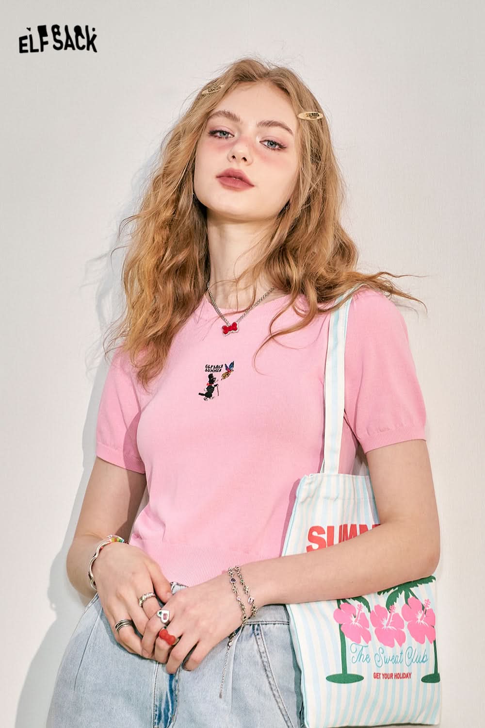 ELFSACK Bubble Sleeve Short sleeved Knitted Shirt Women's Slim Fit Breathable Versatile Top