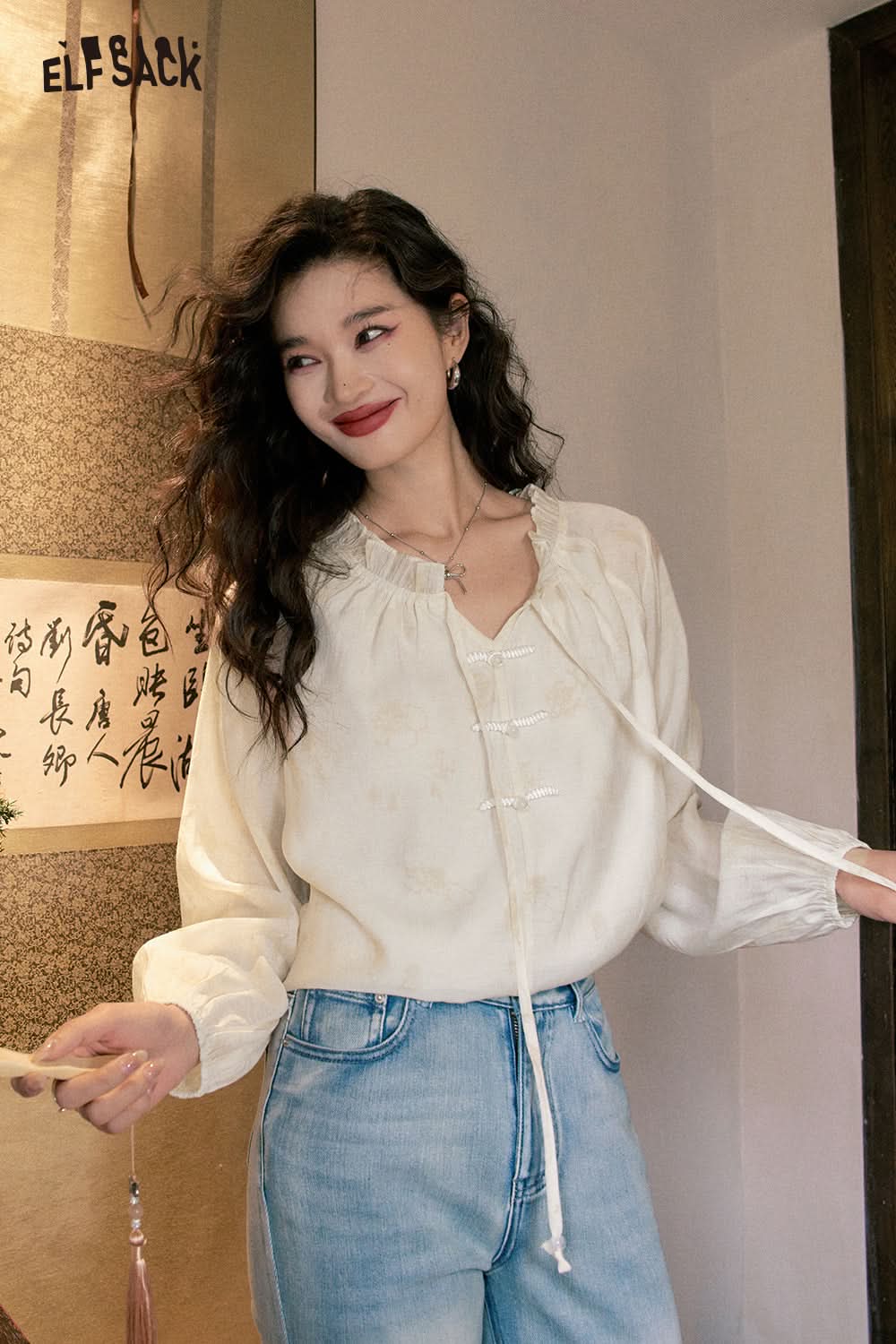 ELFSACK picnic travel vacation holiday soft comfortable fitted Chinese style chiffon printing button elegant long sleeve pullover warm casual smooth