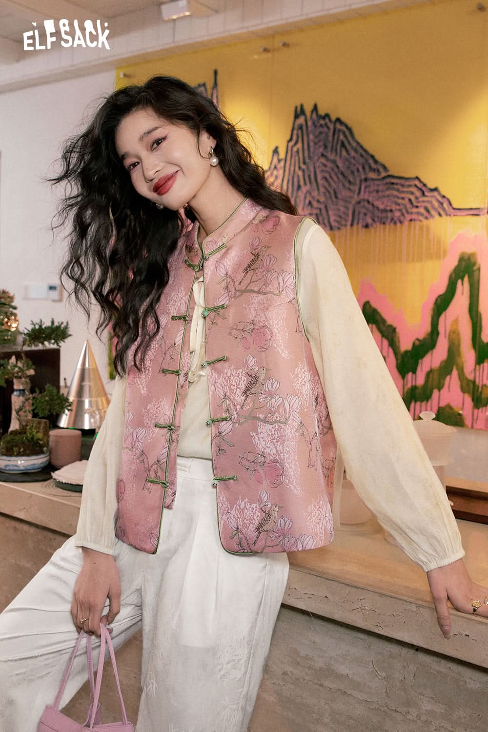 ELFSACK picnic travel vacation holiday soft comfortable fitted Chinese style chiffon printing button elegant long sleeve pullover warm casual smooth