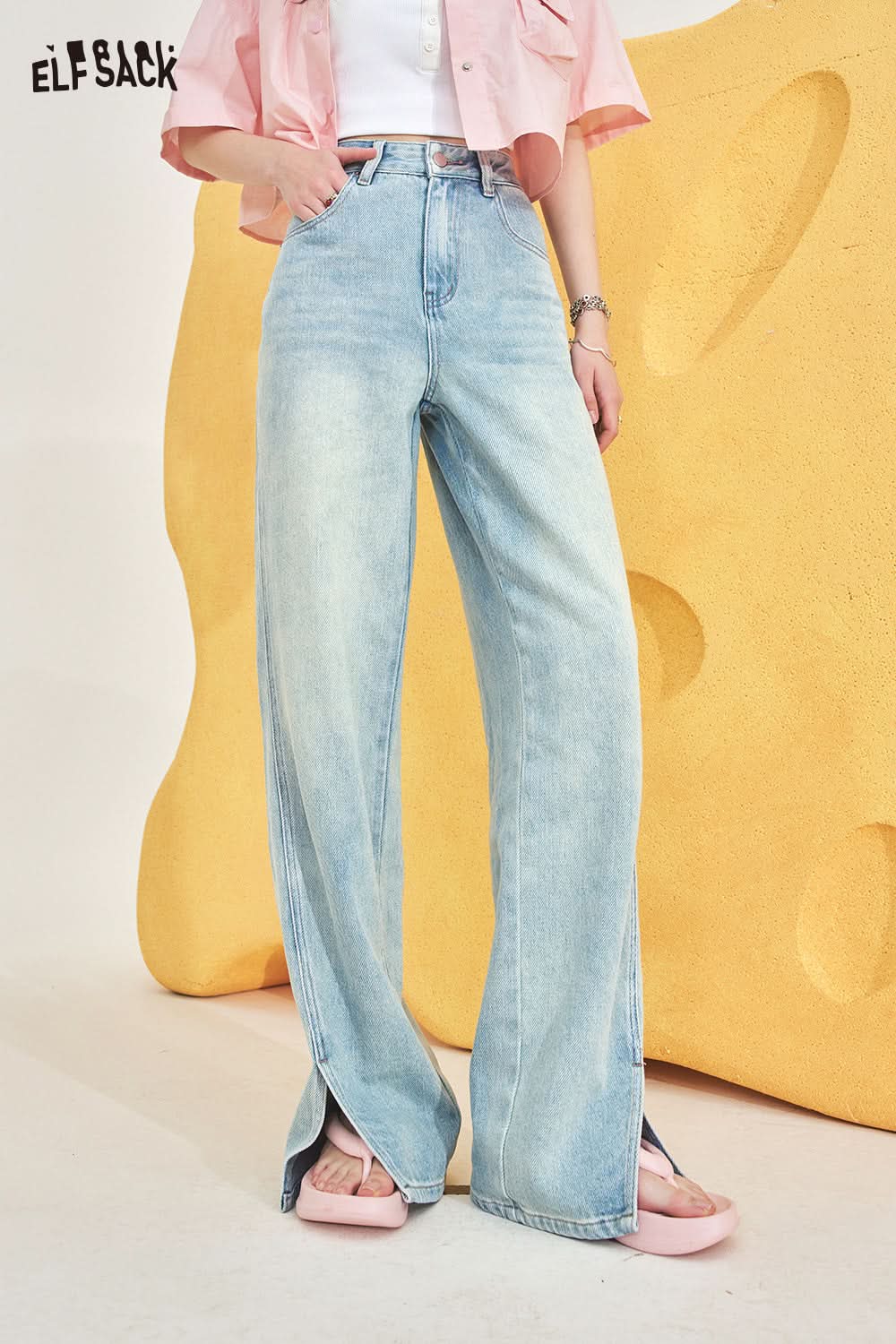 ELFSACK Washed and distressed slit jeans Summer Slim and versatile retro pants