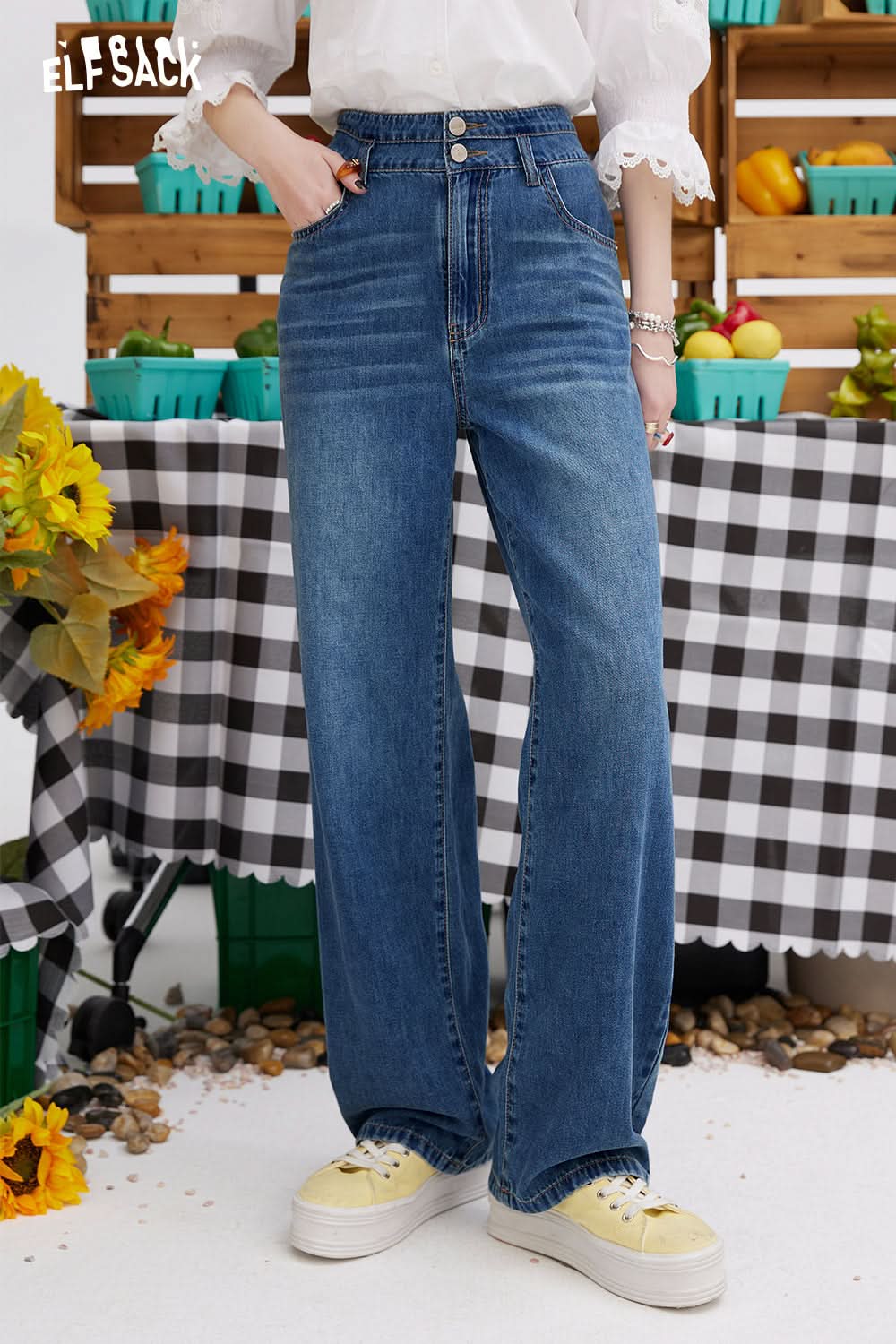 ELFSACK picnic travel vacation holiday soft comfortable fitted light colored high waisted straight leg jeans slim narrow version loose wide leg pants smooth