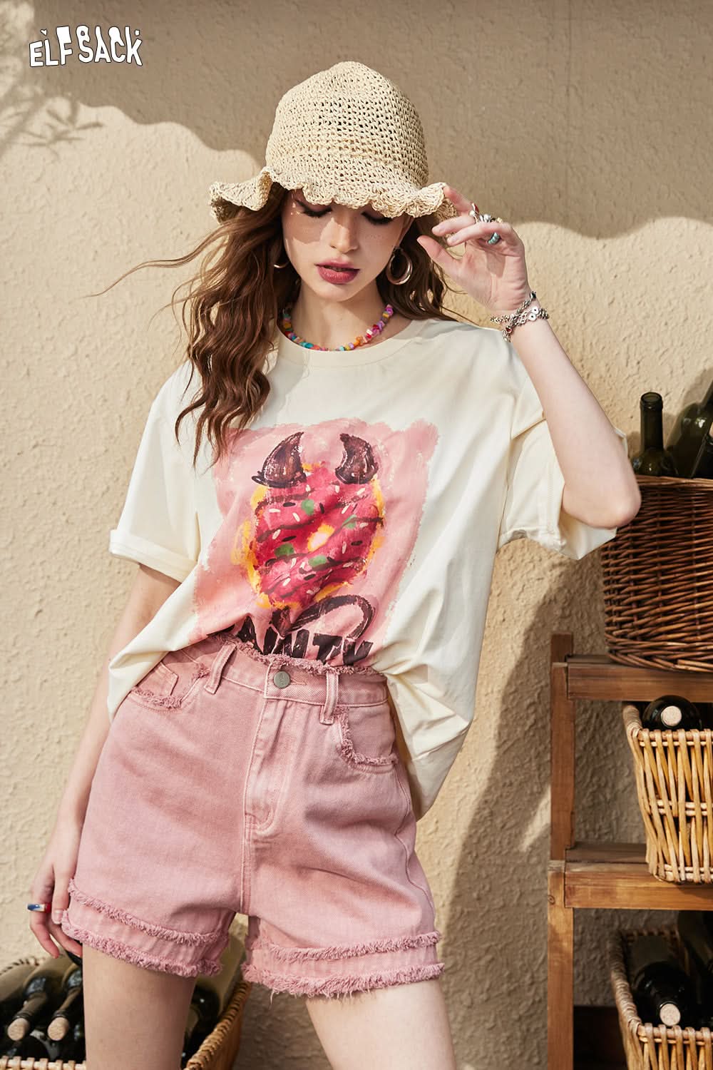 ELFSACK High Waist Ragged Edge Retro Jeans Women's Shorts Pink Slimming Hot Pants