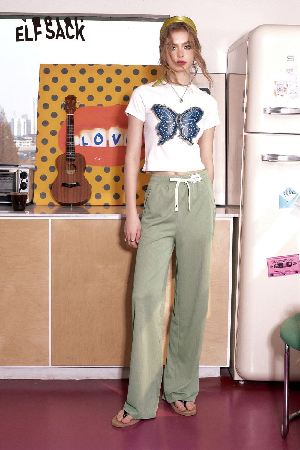 ELFSACK Soft and glutinous drape casual wide leg pants's spring loose straight leg slimming pants