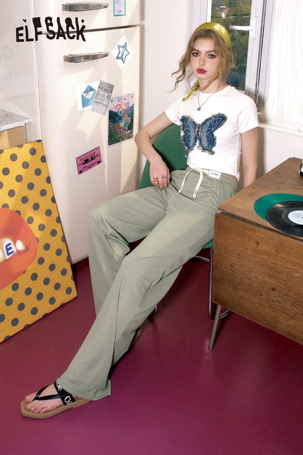 ELFSACK Soft and glutinous drape casual wide leg pants's spring loose straight leg slimming pants