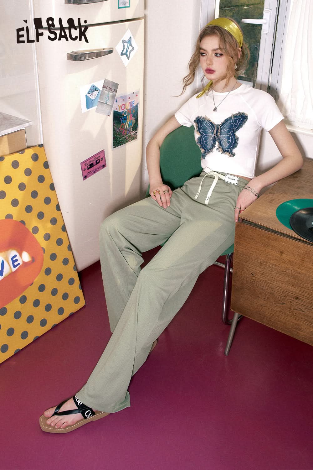 ELFSACK Soft and glutinous drape casual wide leg pants's spring loose straight leg slimming pants