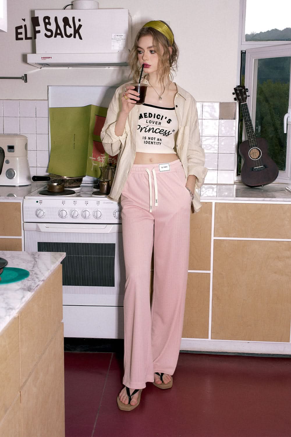 ELFSACK Soft and glutinous drape casual wide leg pants's spring loose straight leg slimming pants