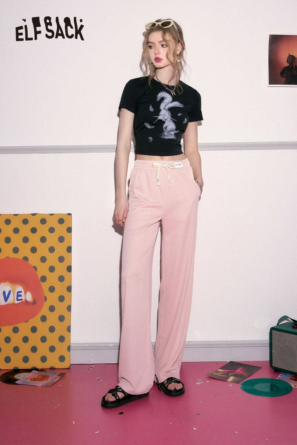 ELFSACK Soft and glutinous drape casual wide leg pants's spring loose straight leg slimming pants