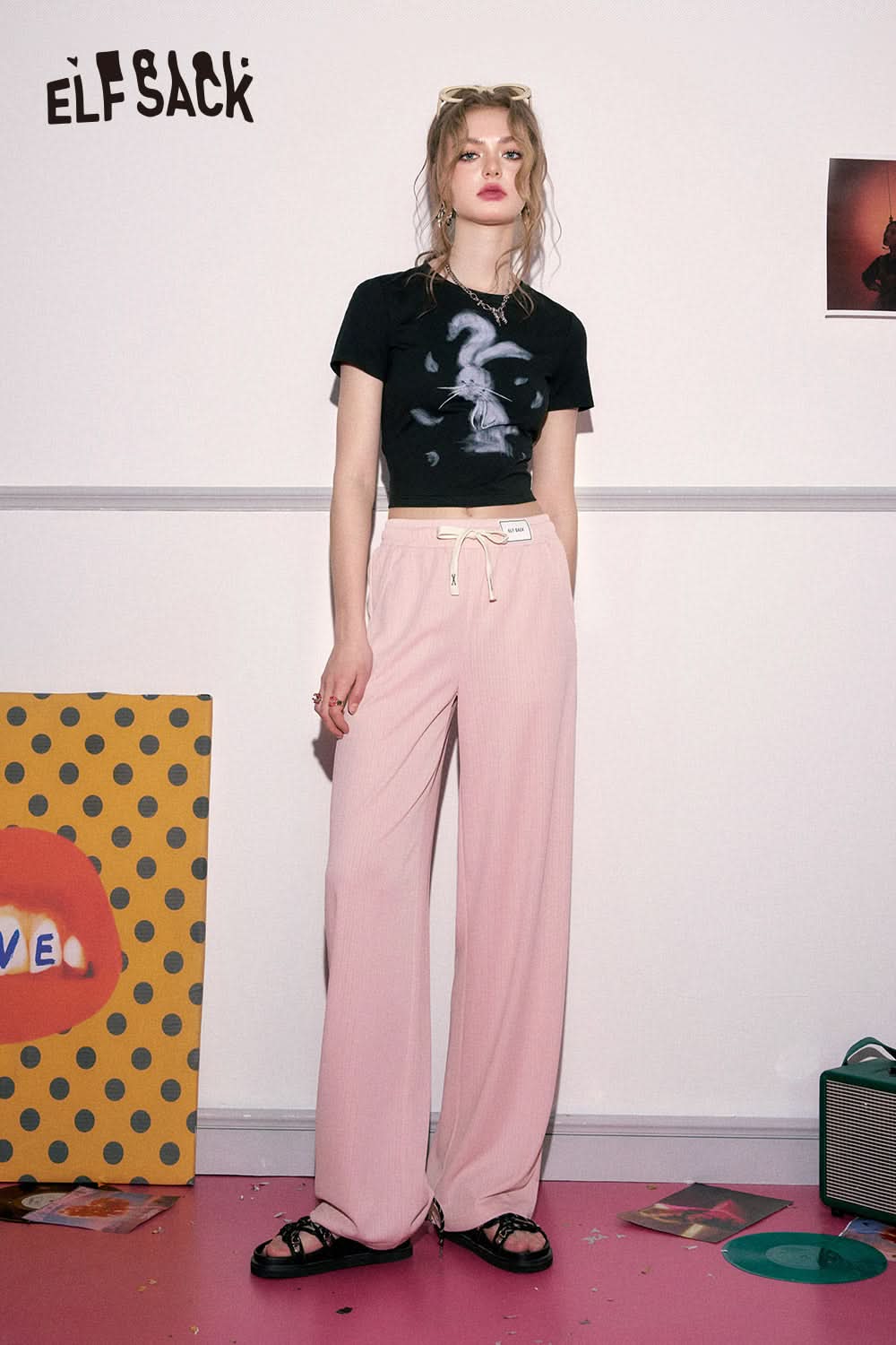 ELFSACK Soft and glutinous drape casual wide leg pants's spring loose straight leg slimming pants