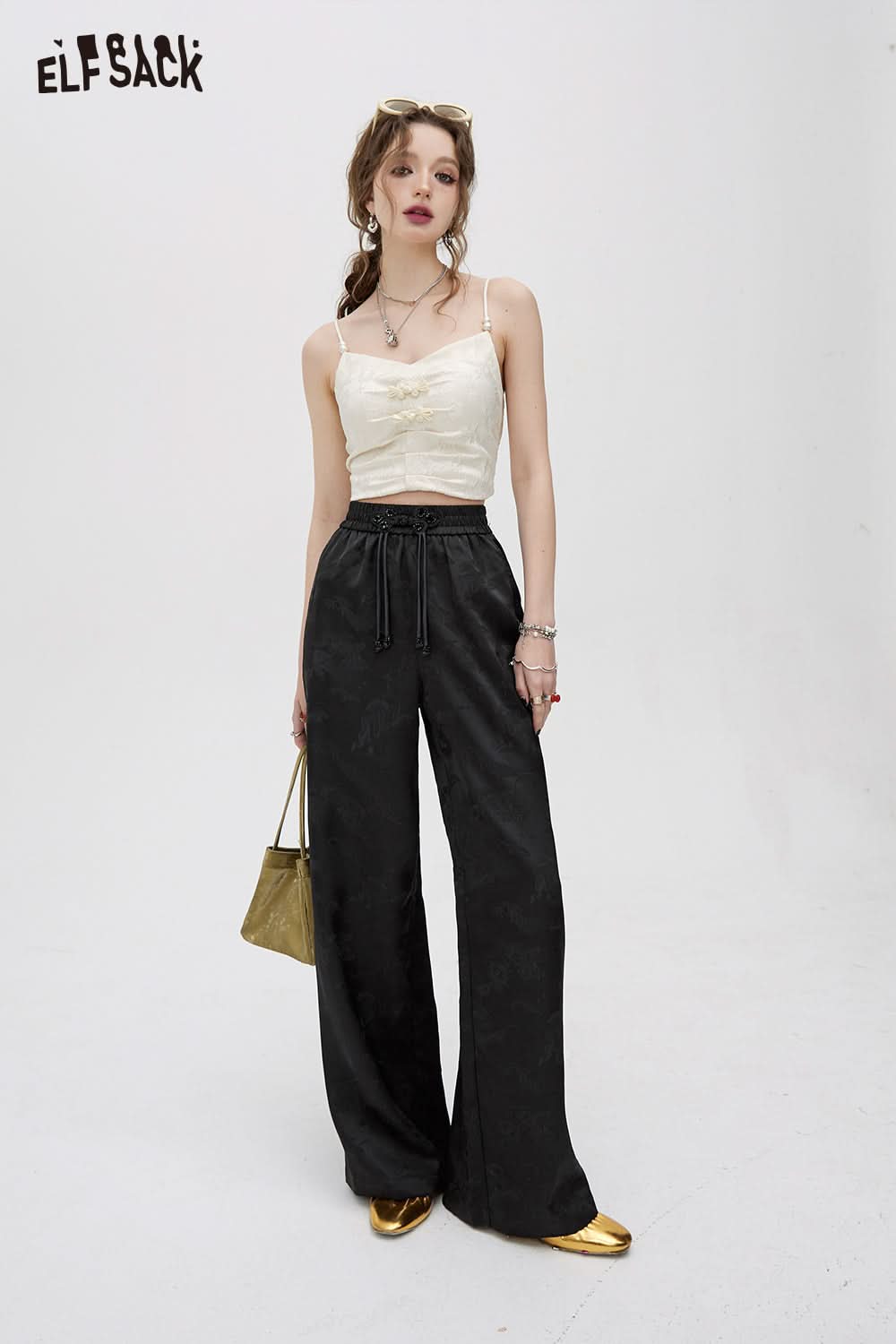 ELFSACK picnic travel vacation holiday soft comfortable fitted Chinese style satin jacquard weaving straight pants high waisted casual