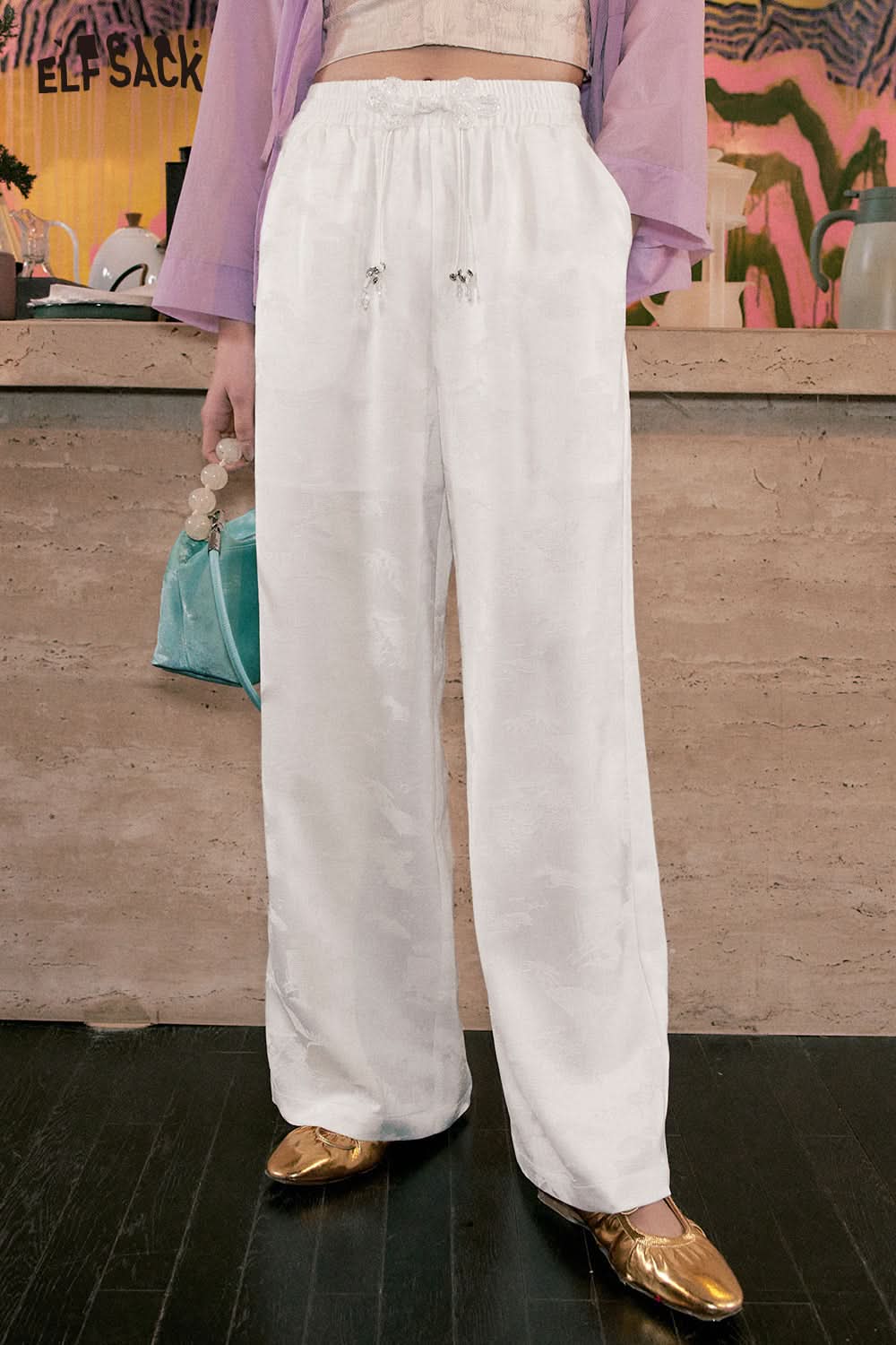 ELFSACK picnic travel vacation holiday soft comfortable fitted Chinese style satin jacquard weaving straight pants high waisted casual