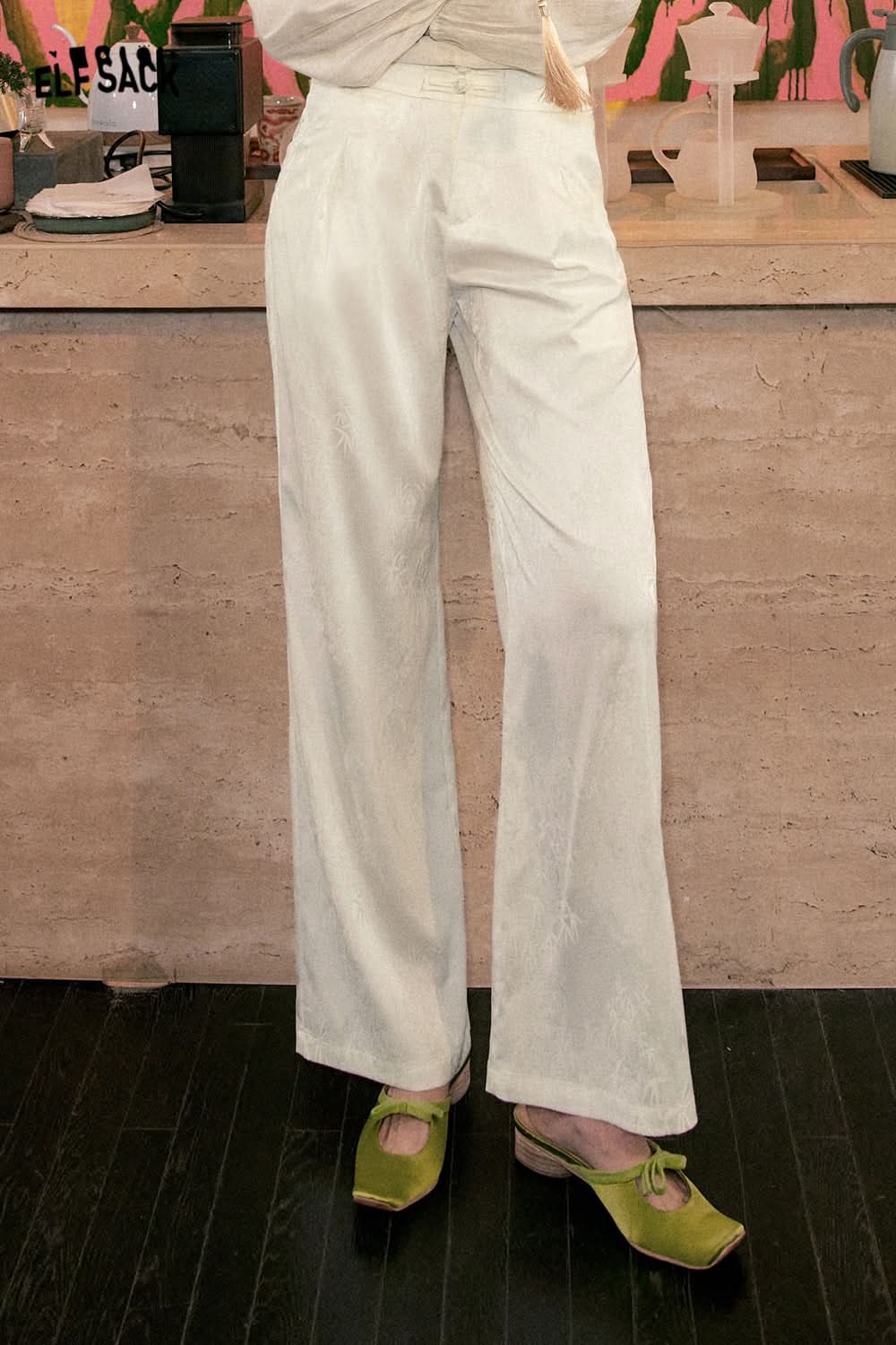 ELFSACK Pants Women's Spring/Summer Straight Tube Satin Chinese Style Elegant