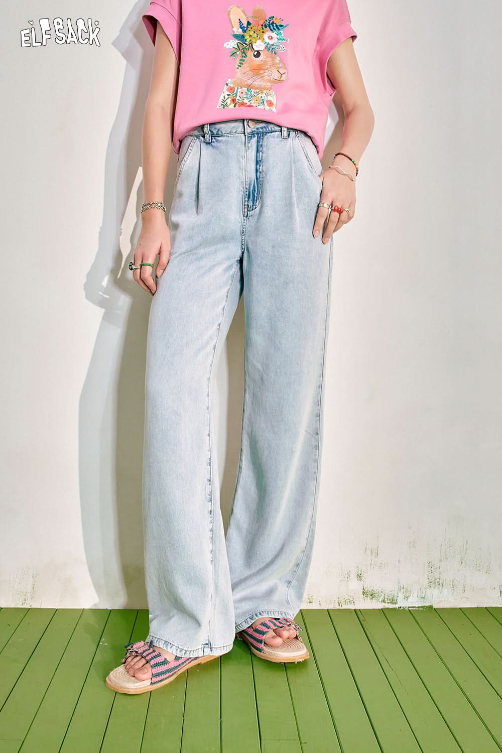 ELFSACK Light Color Straight Leg Loose Jeans Women's Versatile High Waist Slimming Pants