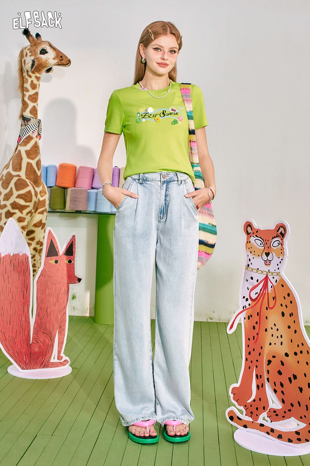 ELFSACK Light Color Straight Leg Loose Jeans Women's Versatile High Waist Slimming Pants