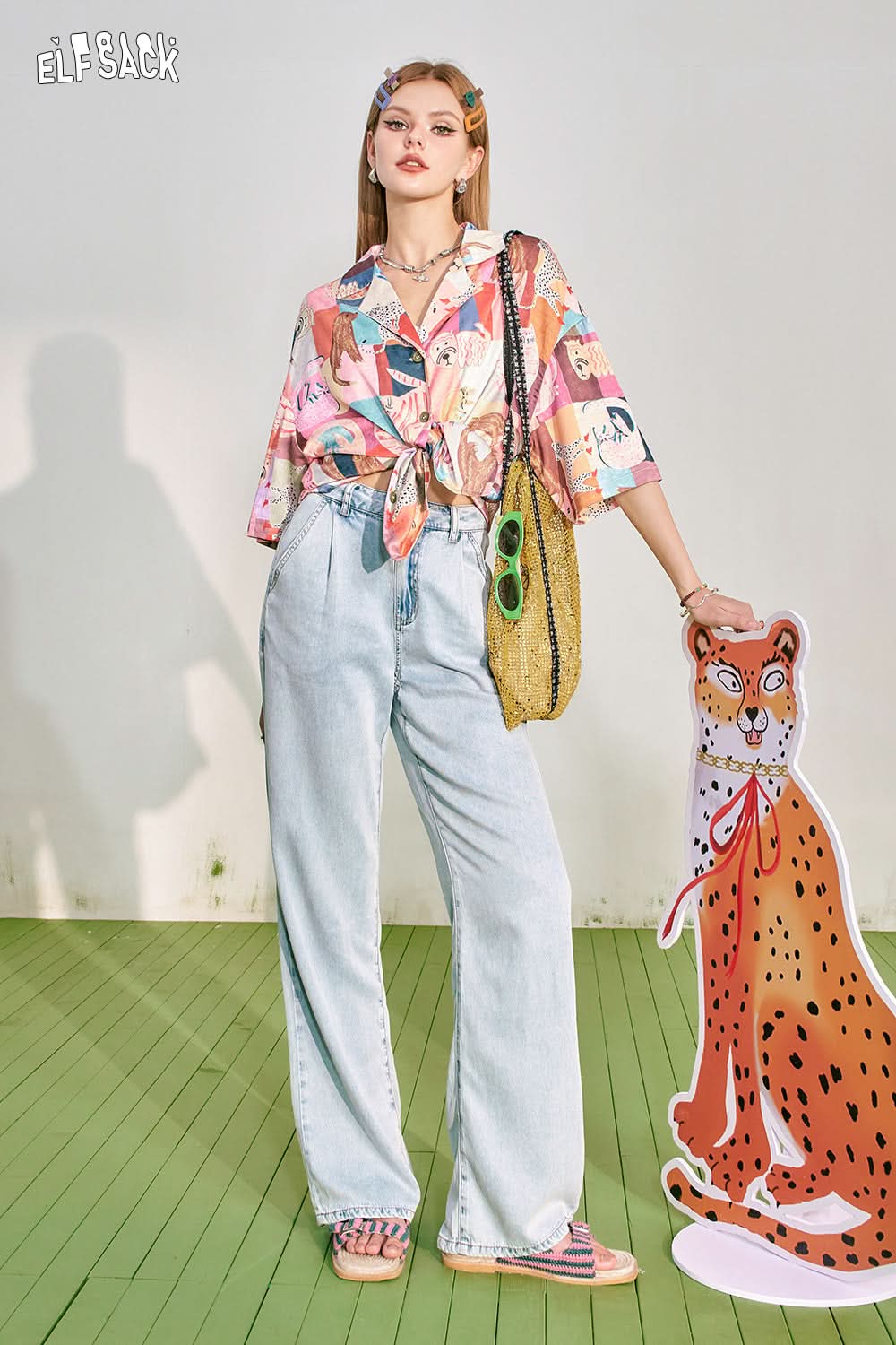 ELFSACK Light Color Straight Leg Loose Jeans Women's Versatile High Waist Slimming Pants