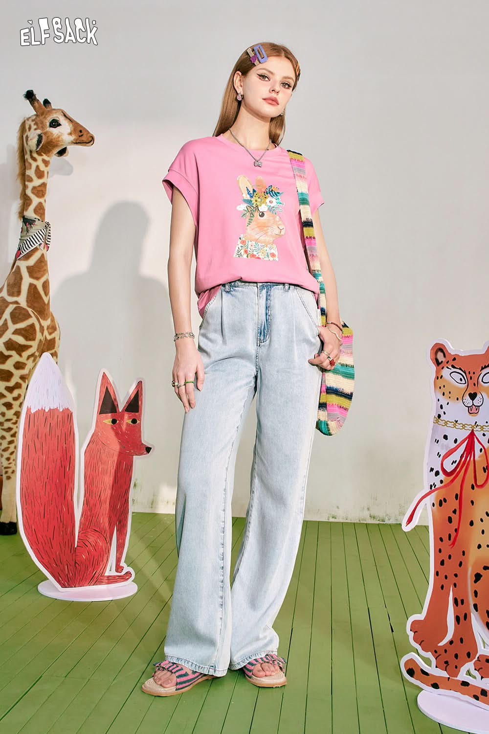 ELFSACK Light Color Straight Leg Loose Jeans Women's Versatile High Waist Slimming Pants