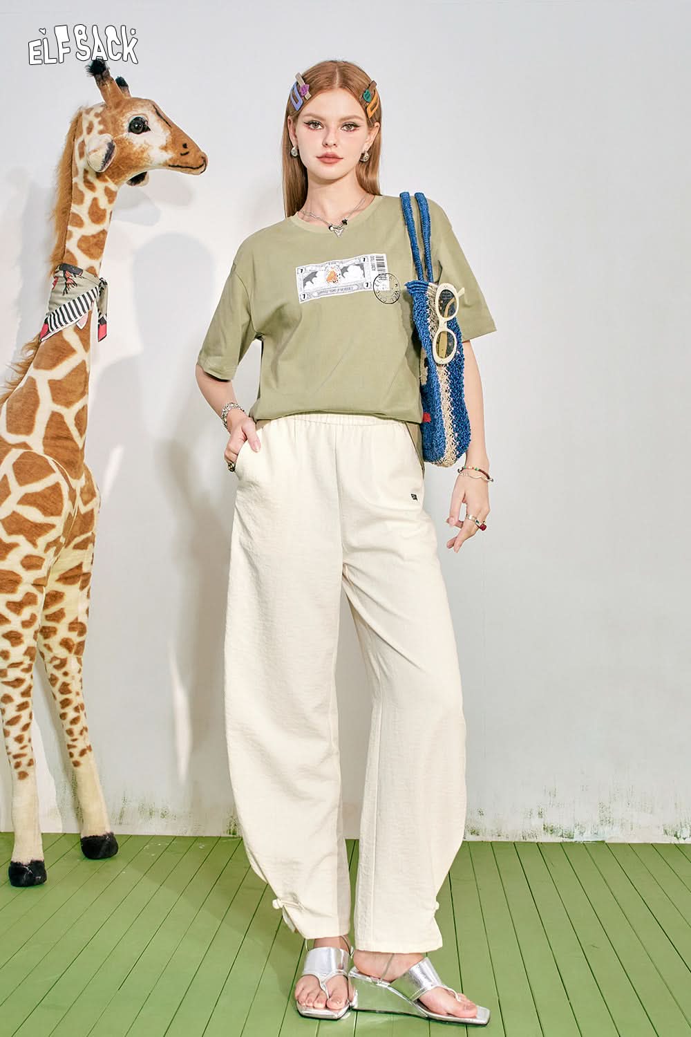 ELFSACK Chinese Button Tie Feet White Casual Pants