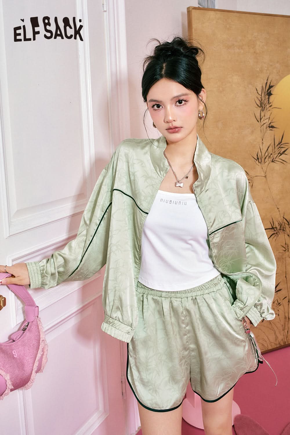 ELFSACK picnic travel vacation holiday soft comfortable fitted Chinese style set satin jacquard sporty outfit smooth