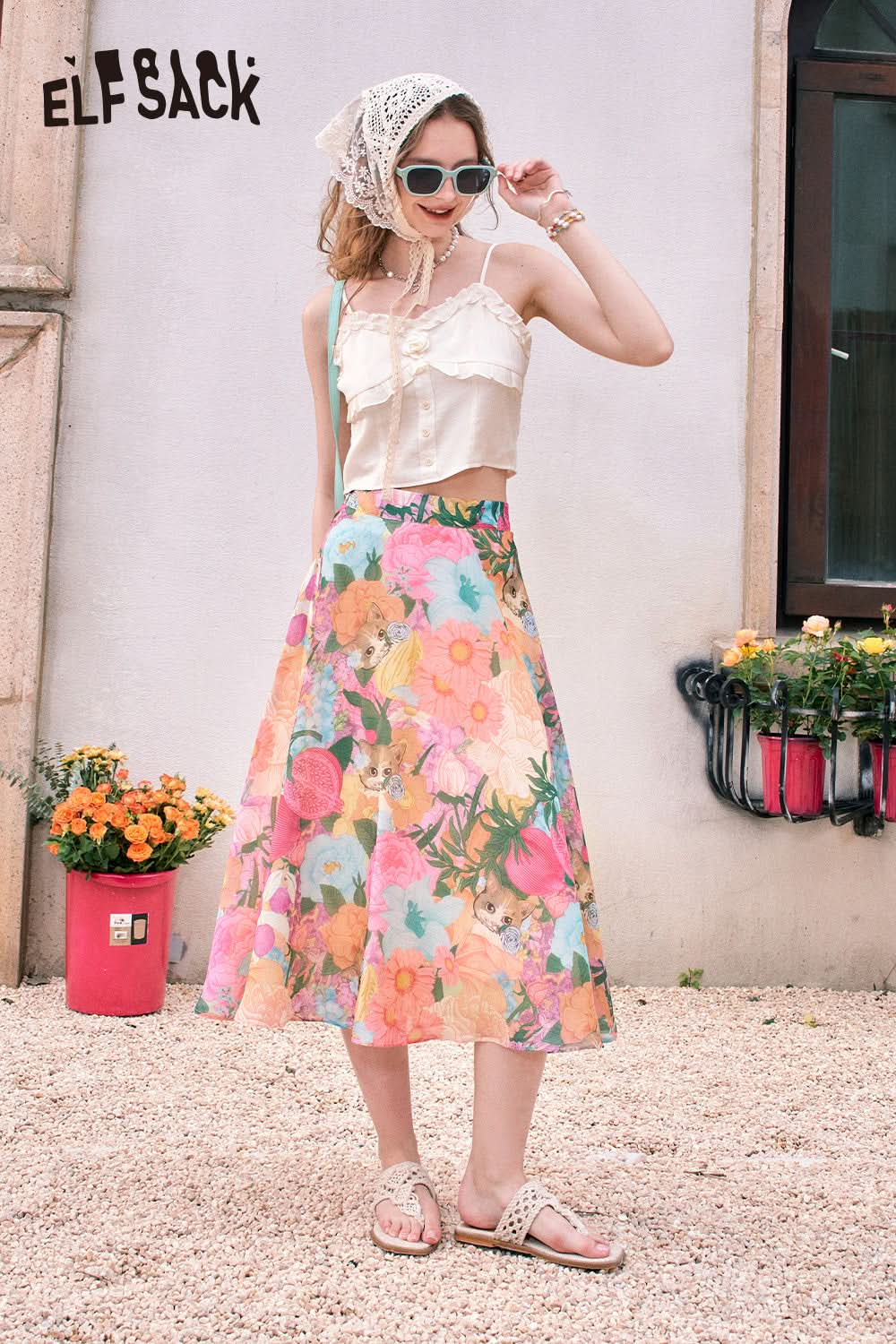 ELFSACK High waist oil painting sexy holiday style free feeling midi skirt skirt