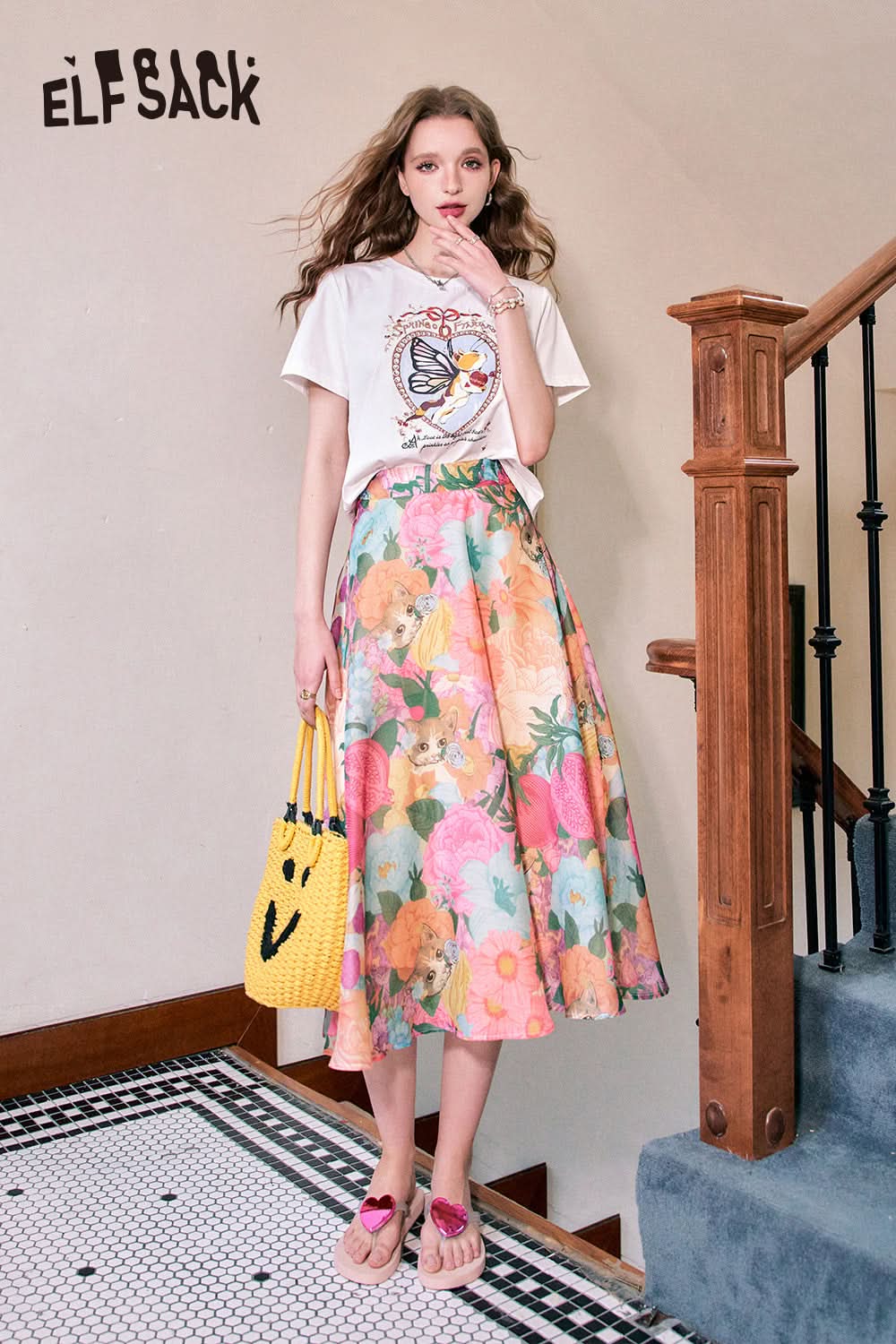 ELFSACK High waist oil painting sexy holiday style free feeling midi skirt skirt