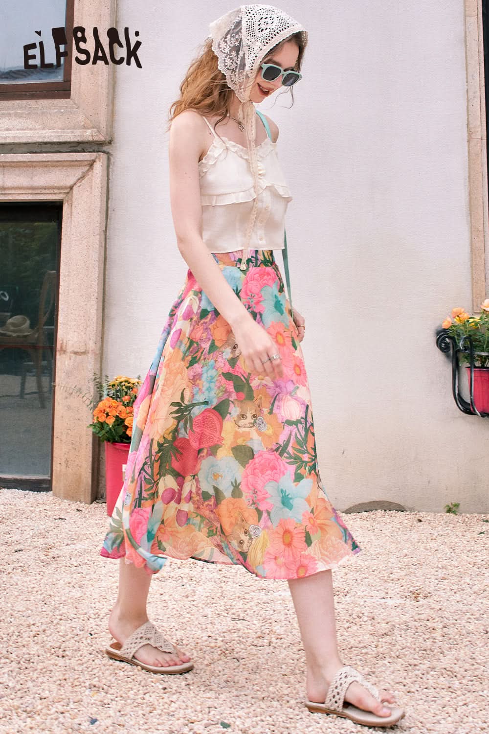 ELFSACK High waist oil painting sexy holiday style free feeling midi skirt skirt