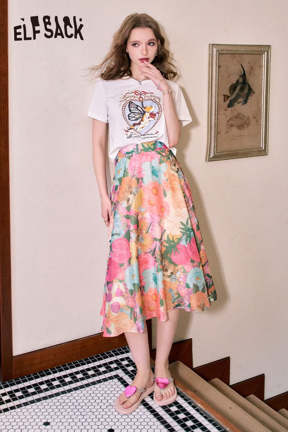 ELFSACK High waist oil painting sexy holiday style free feeling midi skirt skirt