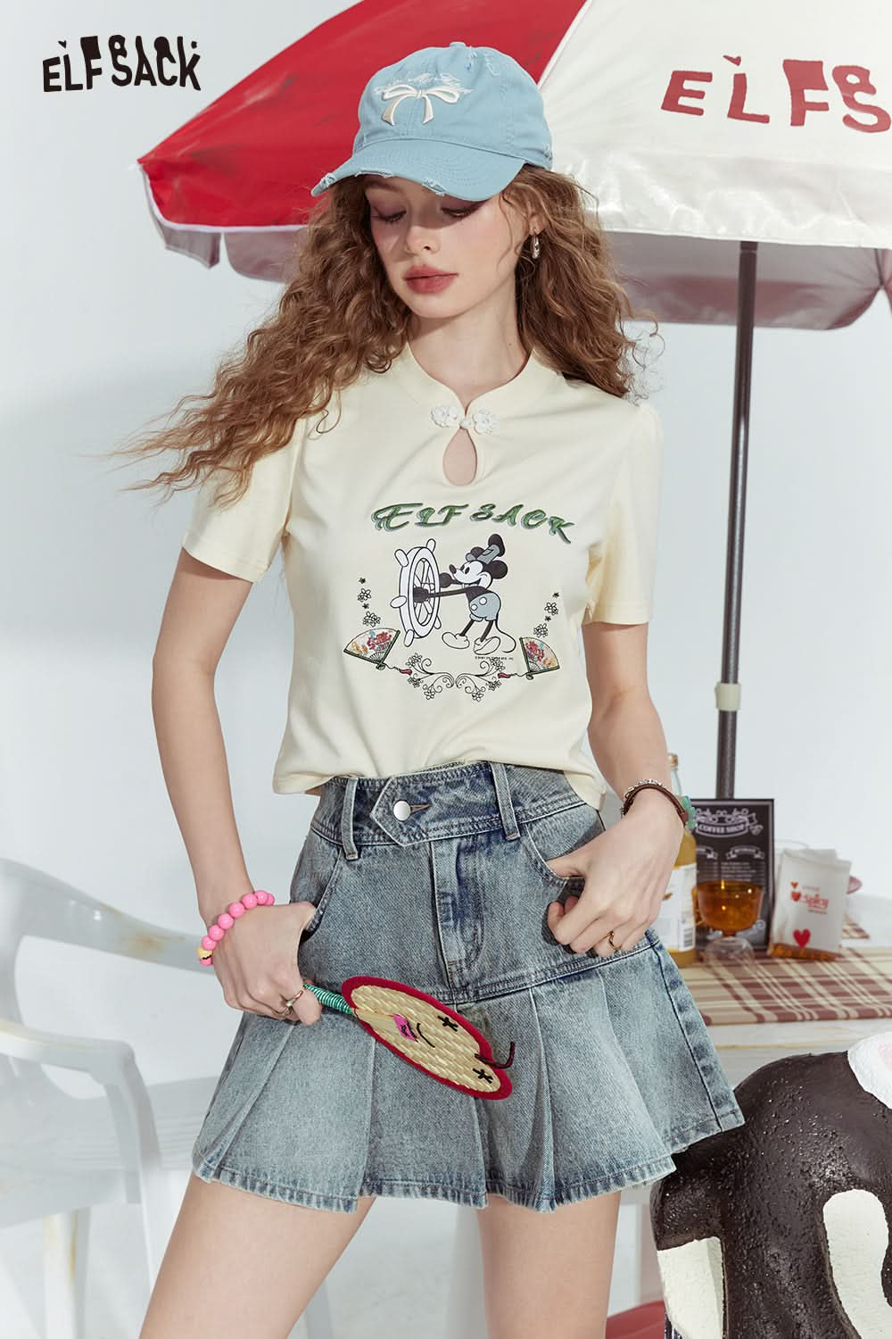 ELFSACK High waist pleated slim fit hip-covering sexy distressed denim skirt