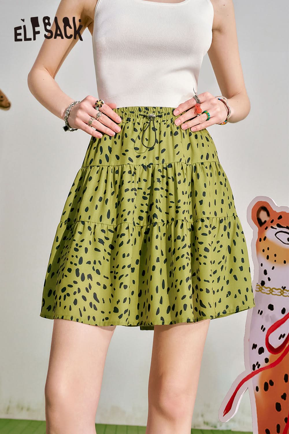 ELFSACK Leopard Pattern A-line Half Skirt Women's Elastic Waist Pig Nose Buckle Design Short Skirt