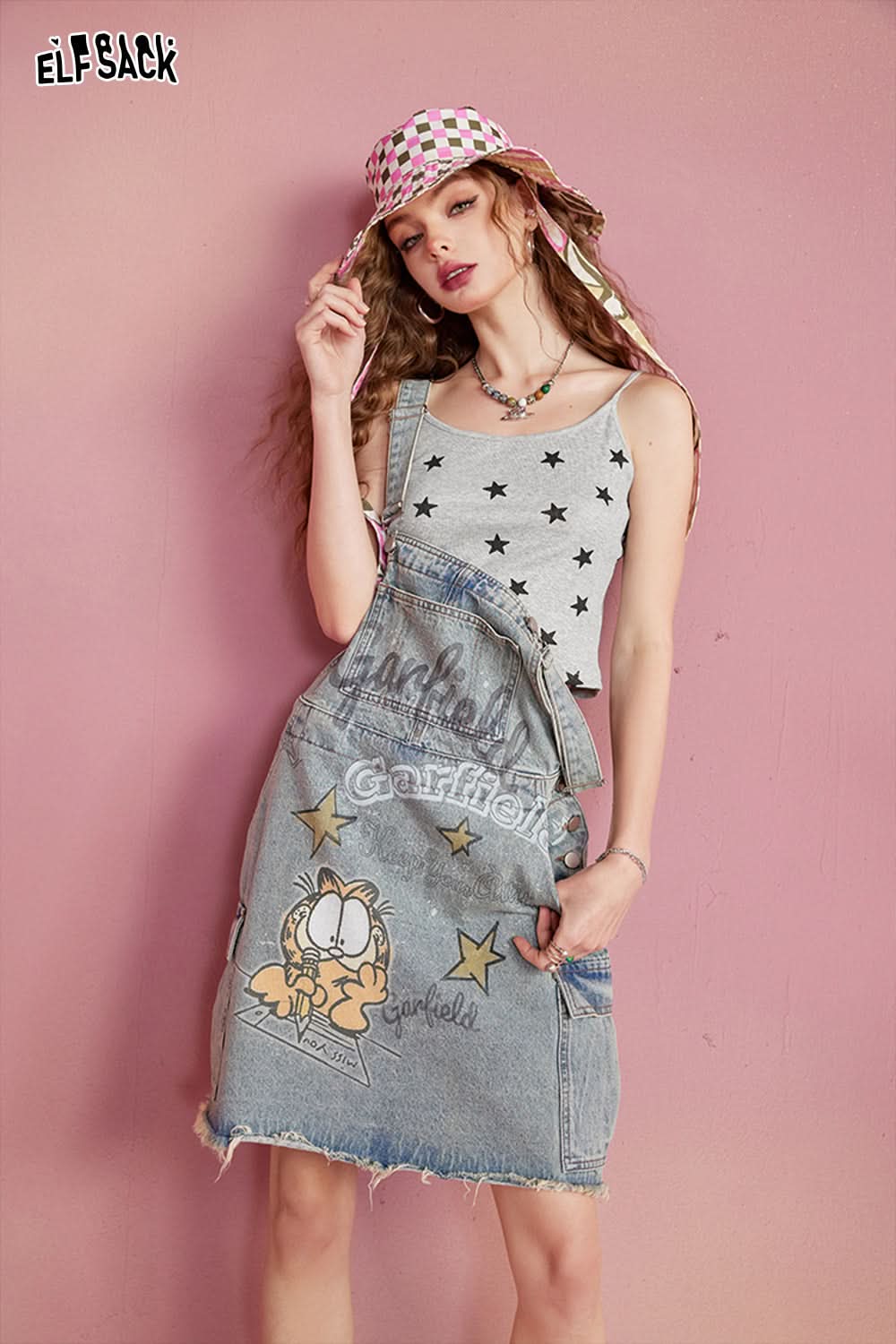 ELFSACK Star Print Gray Small Strap Women's Underlay Sleeveless Bottom Top