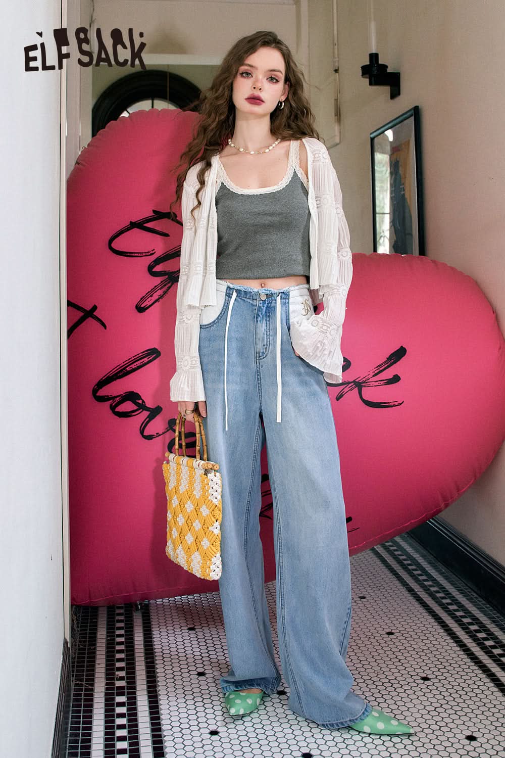 ELFSACK White lace trim gentle slim fit inner wear monochrome camisole