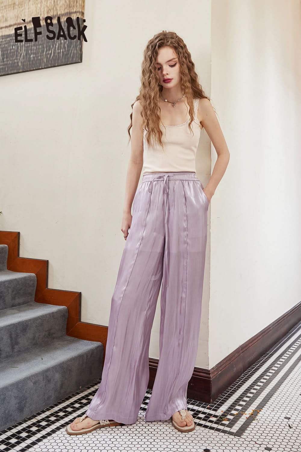 ELFSACK White lace trim gentle slim fit inner wear monochrome camisole