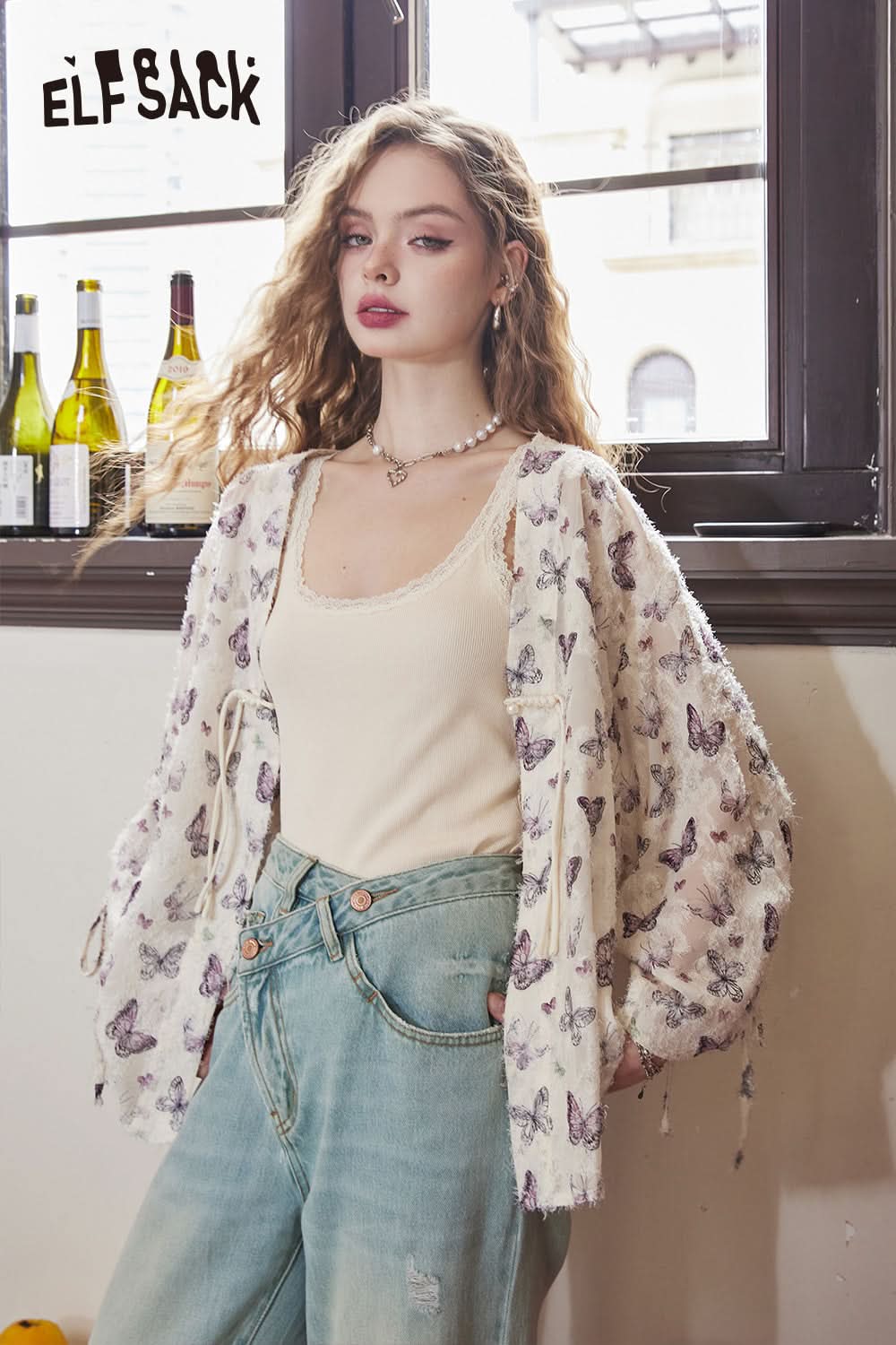 ELFSACK White lace trim gentle slim fit inner wear monochrome camisole