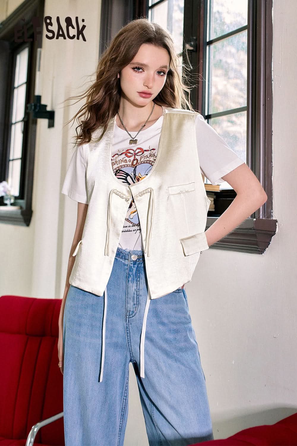 ELFSACK Chinese style outerwear unique waistcoat vest thin vest