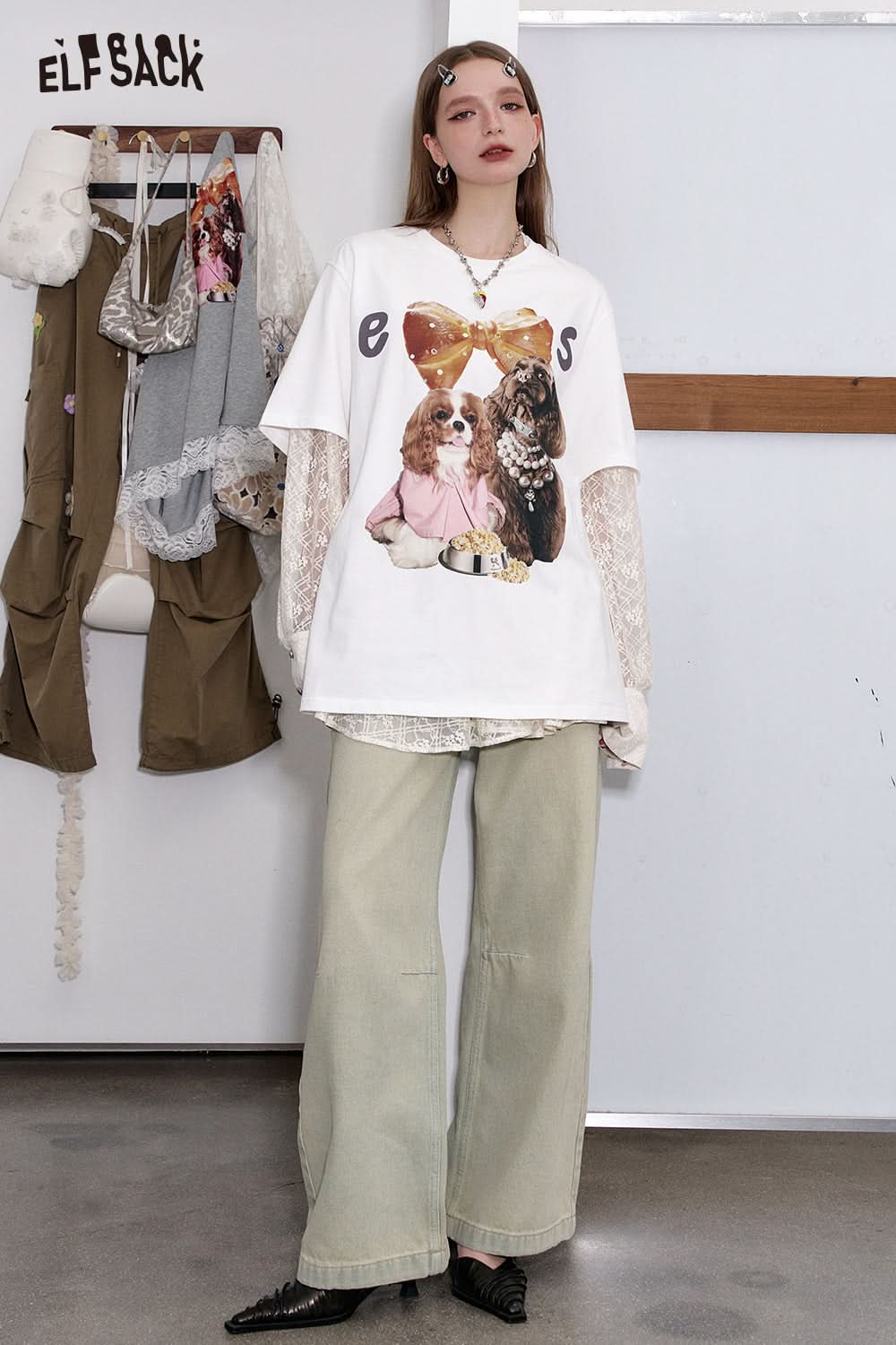 ELFSACK Y2K Puppy Print Short Sleeve T-shirt Women Loose Casual Cotton Top