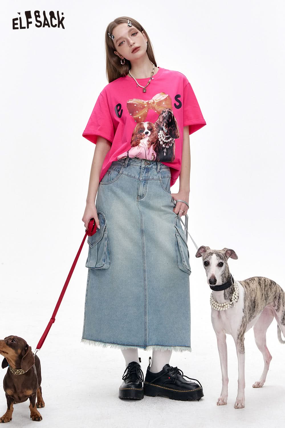 ELFSACK Y2K Puppy Print Short Sleeve T-shirt Women Loose Casual Cotton Top