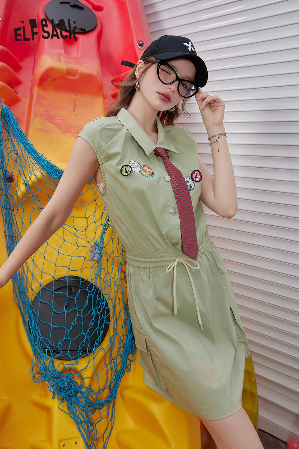 ELFSACK Military green preppy style small waist slimming workwear sleeveless dress