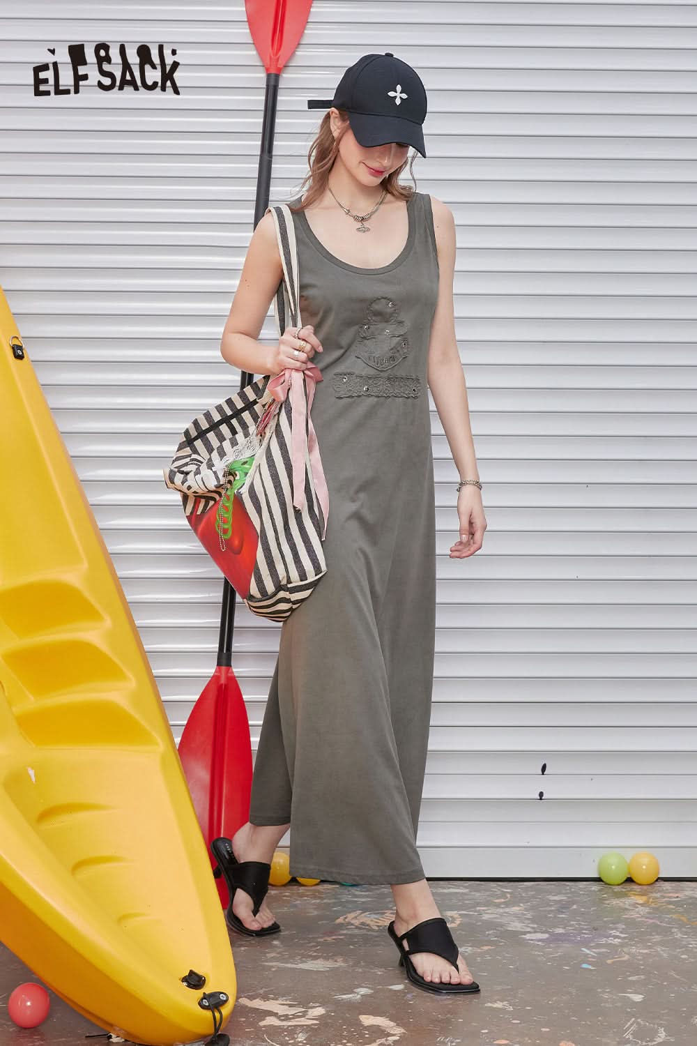 ELFSACK U-neck pink knitted casual gentle style solid color slim vest sleeveless dress