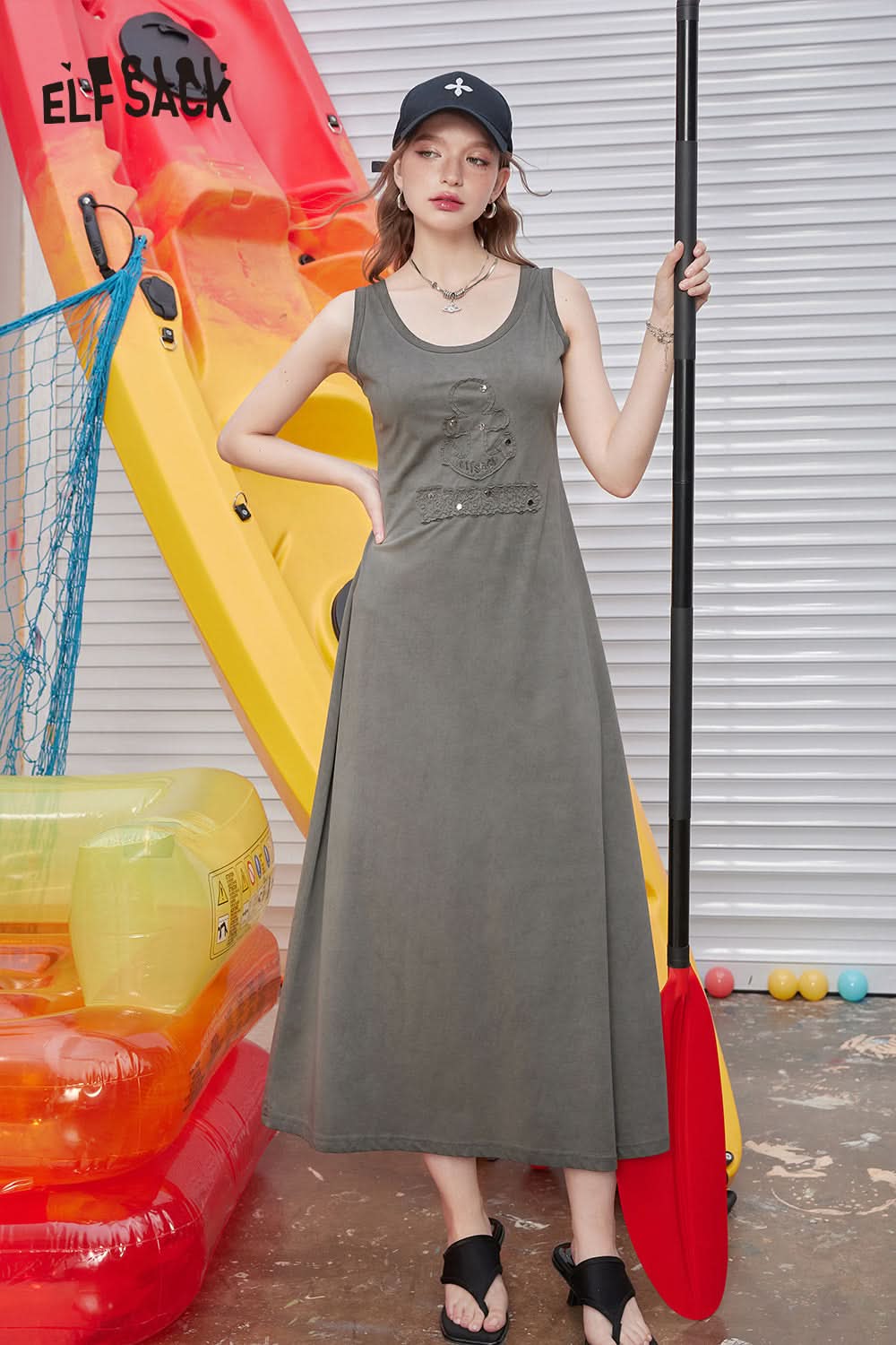 ELFSACK U-neck pink knitted casual gentle style solid color slim vest sleeveless dress