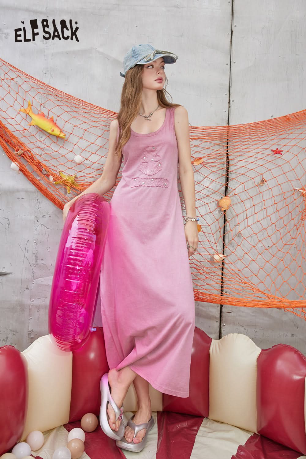 ELFSACK U-neck pink knitted casual gentle style solid color slim vest sleeveless dress