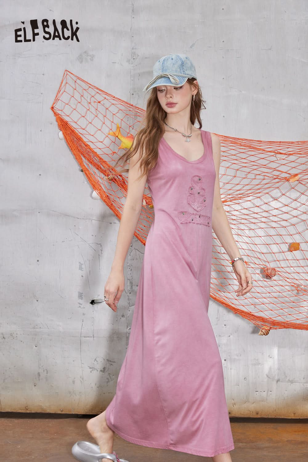 ELFSACK U-neck pink knitted casual gentle style solid color slim vest sleeveless dress