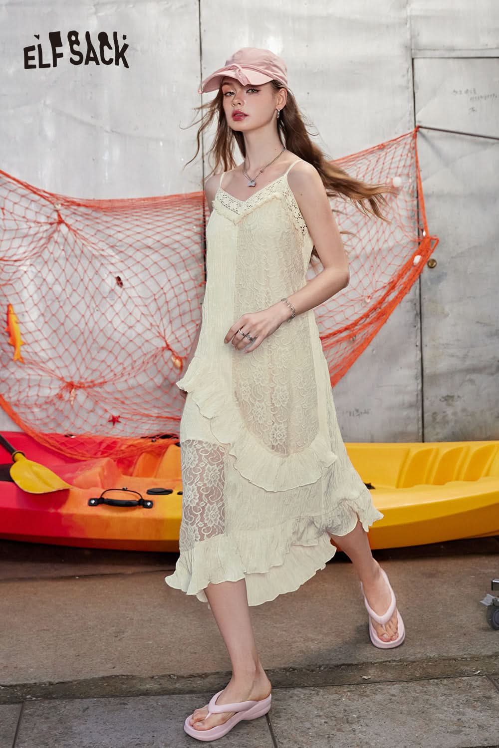 ELFSACK French style ruffled temperament holiday sexy lace suspender dress