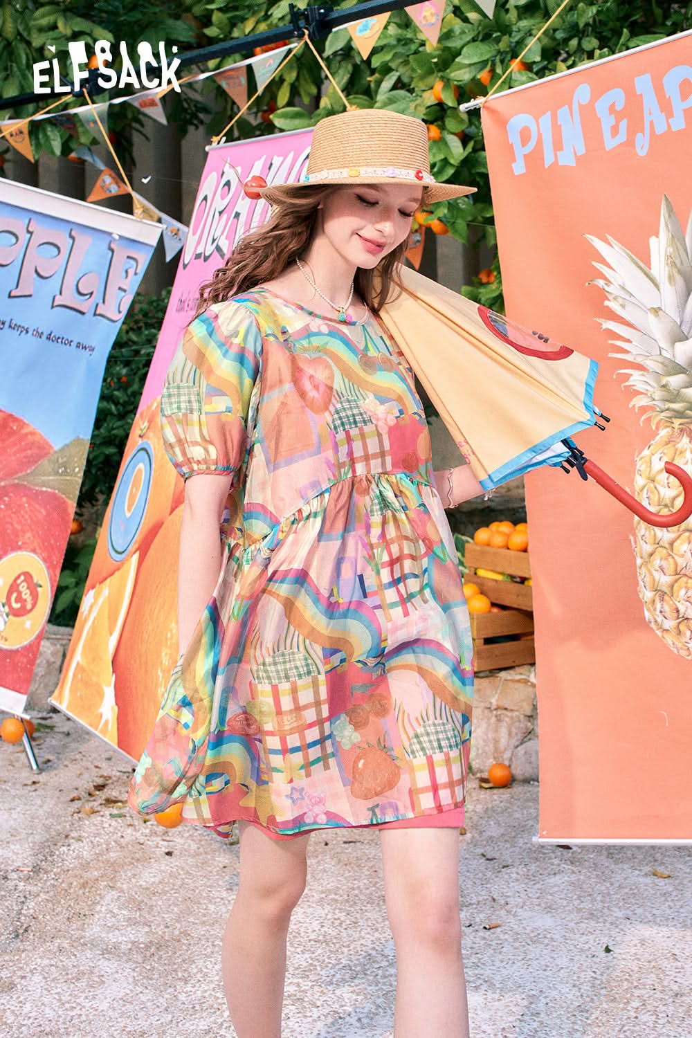 ELFSACK Puff Sleeve Full Indian Fake Style Knee Length Princess Skirt Dress